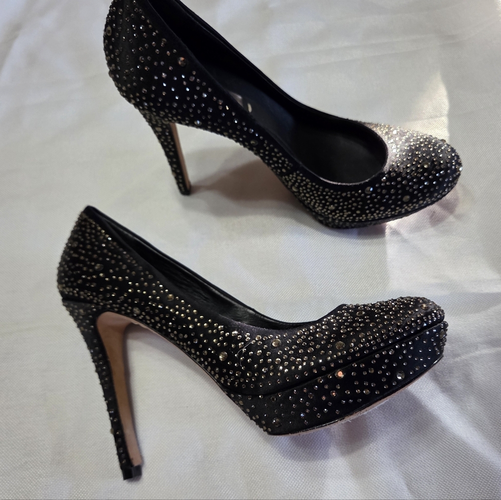 BCBGMaxAzria Black Satin + Champagne Sparkle Platform Stiletto Heels, 8.5